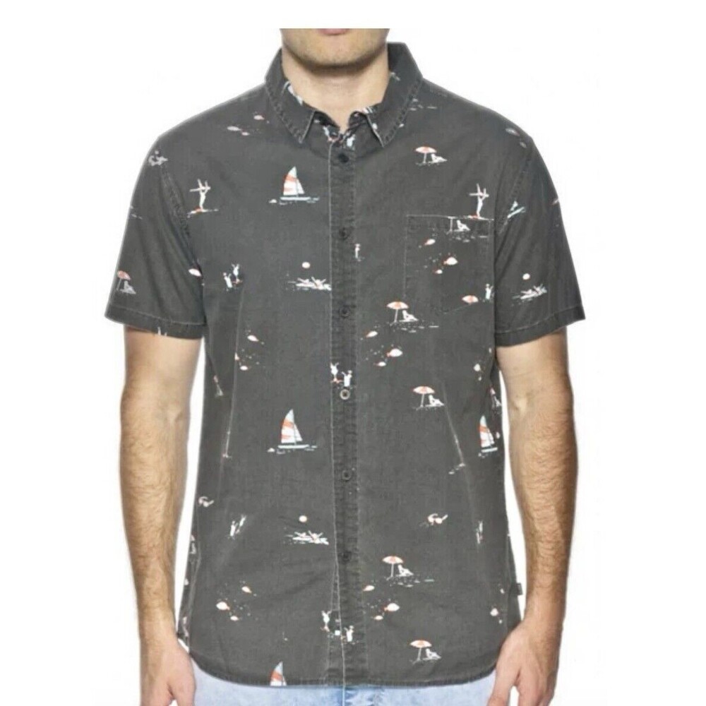 Vacay Print Shirt Black Cotton Size‎ Large Button Down by Globe